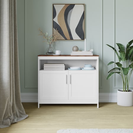 Flash Furniture Mayfield 40in. Buffet and Sideboard w/Dbl Door Storage Cabinet and Open Storage Shelf, Wht w/Walnut NAN-F-HY-B23108-WHWAL-GG